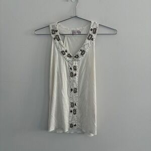 Oh Yes Women Beaded Sequin V-Neck Halter Style Tank Top White Size L D-1256